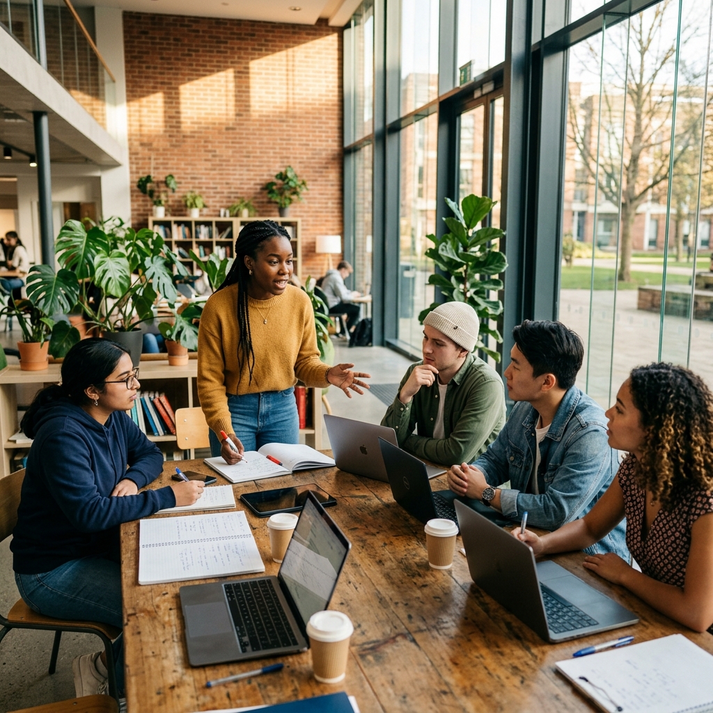 Students collaborating in a modern workspace